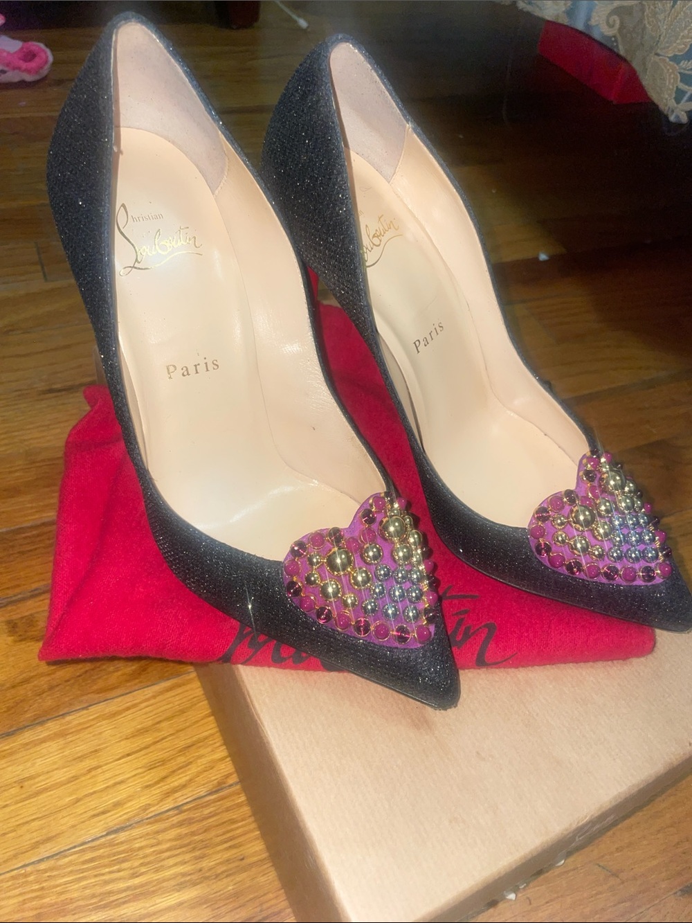 Christian Louboutin Black Glitter Coralta Mia Heart 100 Pumps